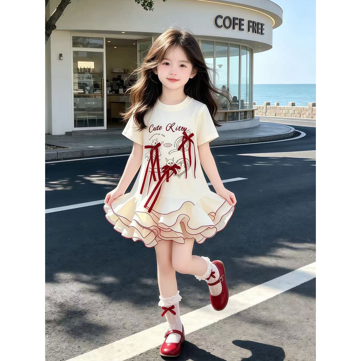 Girls Dress Summer 2026 New Style Kids Sweet Dress Summer Girls Short Sleeve Bow Princess Dress