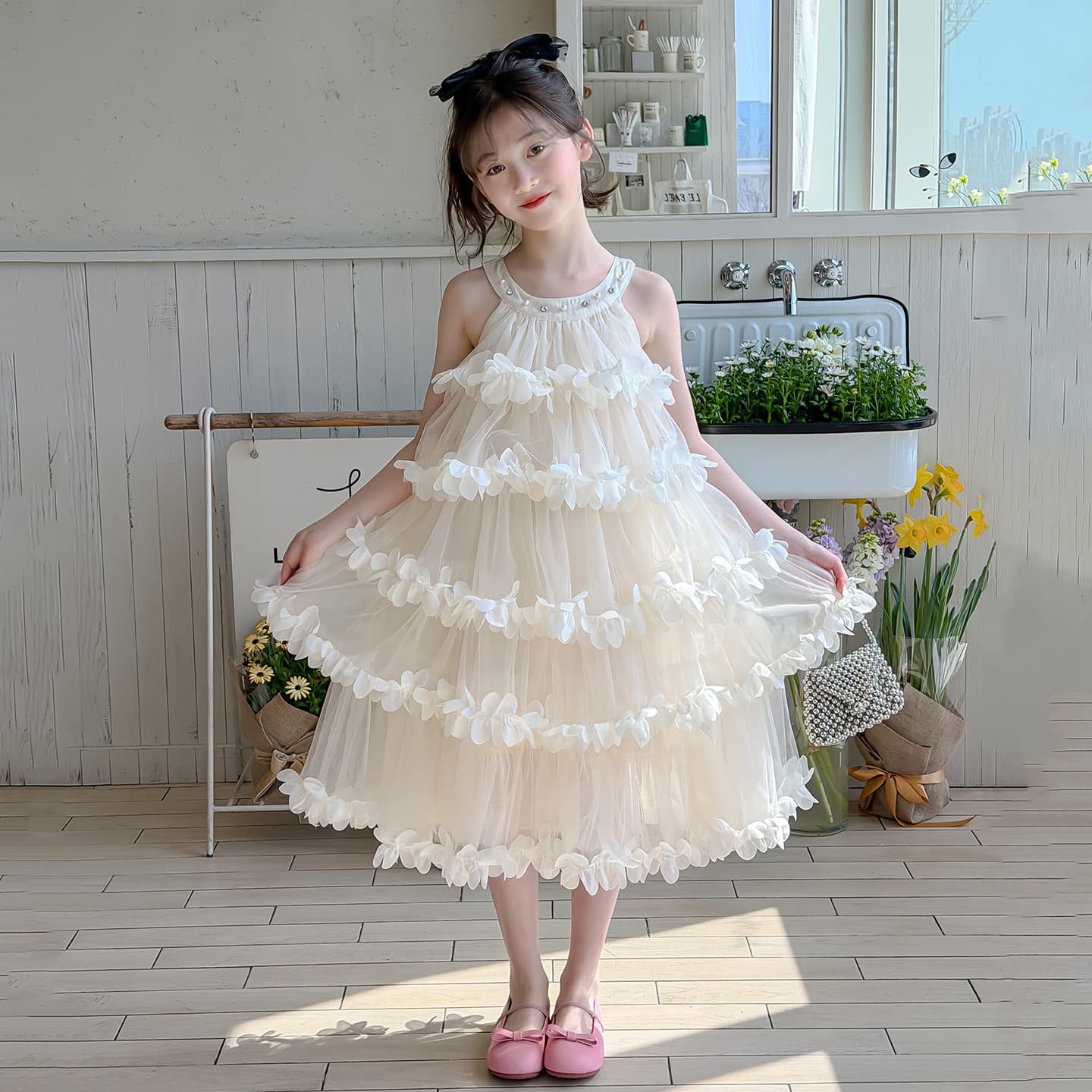 Summer Girls Sleeveless Dress Children Girls Elegant Princess Tulle Skirt Formal Dress Halter Neck Cake Dress