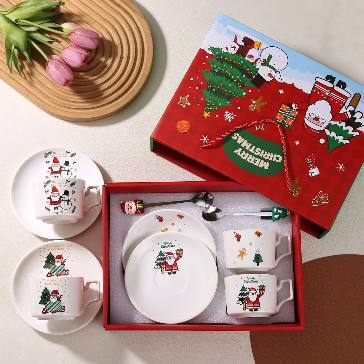 Nordic Santa Claus Coffee Cup and Saucer Set Gift Box Mug Christmas Ceramic Gift Set Wholesale White Porcelain Water Cup