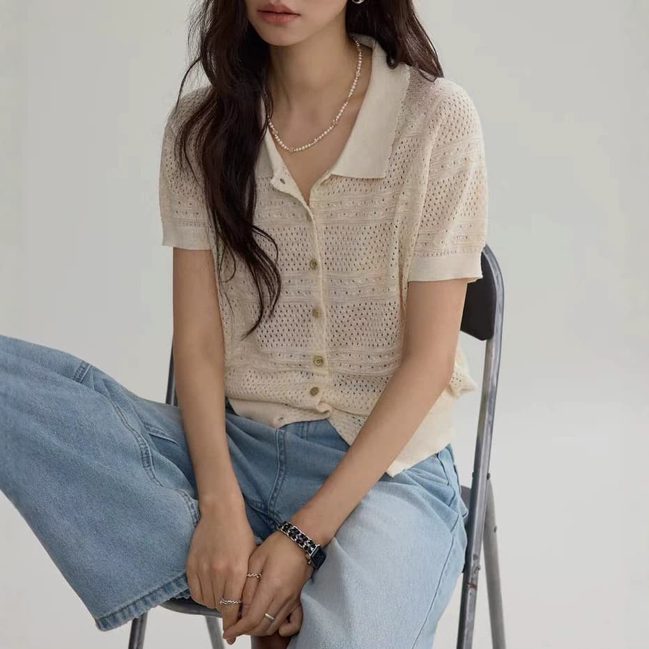 Joli Chose Hollow Design Notched Collar Women's Summer Best-Selling French Style Casual Short-Sleeve Knit Top