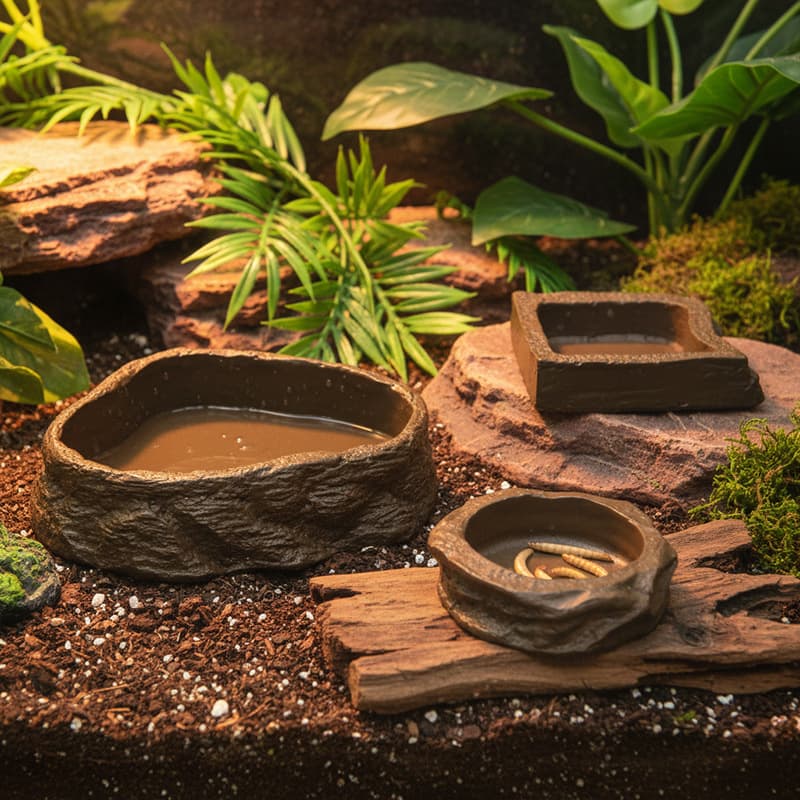 Reptile Food and Water Bowl, Imitation Rock Soaking Dish for Lizards, Tortoises, Pacman Frogs, Leopard Geckos, Pet Scorpions, Spiders, Drinking and Feeding Tray