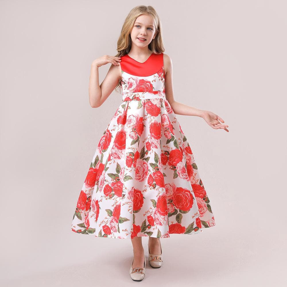 Children's Wedding Dress Long Skirt Princess Costume Rose Print Birthday Party Performance Outfit Elegant Female Kids Fashion