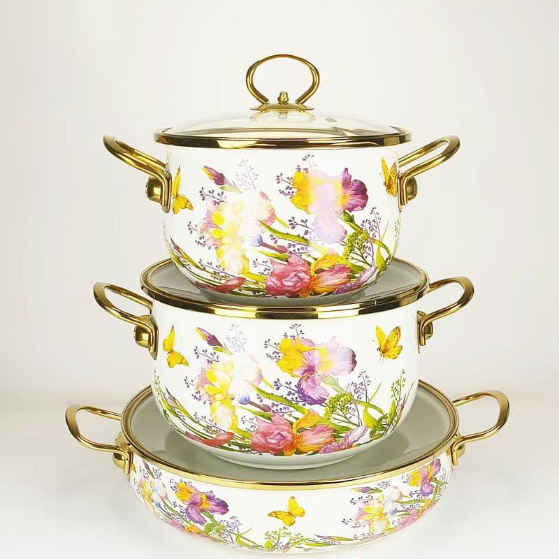 Factory Direct Cross-Border Retro Enamel Pot 3-Piece Set Seafood Pot Set Soup Pot Stew Pot Premium Stockpot Enameled Cast Iron Pot