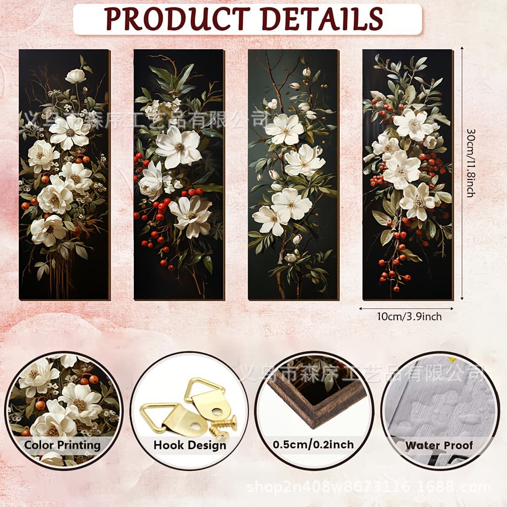 4 Pieces Art Deco Wooden Wall Hanging Flowers Fruit Pattern Multifunctional Home Decor Peony Flower Hanging Picture Wall Decor