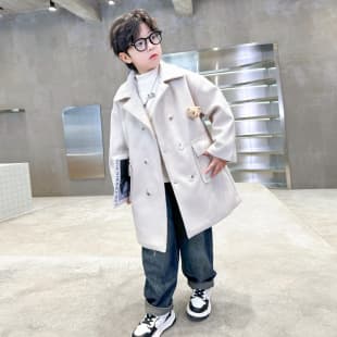 Boys' Mid-Length Wool Coat Winter 2025 New Children's Fleece Lined Handsome Medium-Large Coat Winter