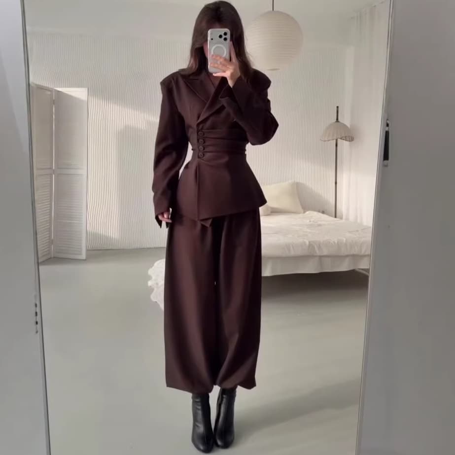 European and American Women's Cross-border Export 2026 Autumn New Light Mature Style Solid Color Waist-nipping Slimming Suit with Wide-leg Pants Fashion Set