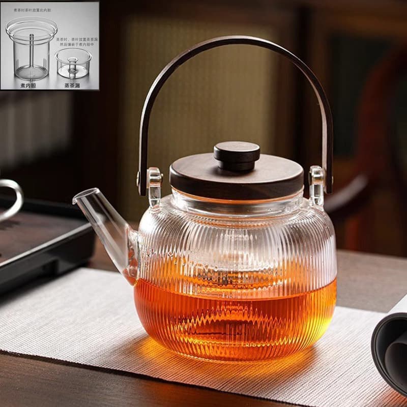 Heat Resistant Walnut Wood Tea Pot with Glass Lid, Integrated Tea Brewing Pot, Modern Simplicity Style, High Borosilicate Glass Material