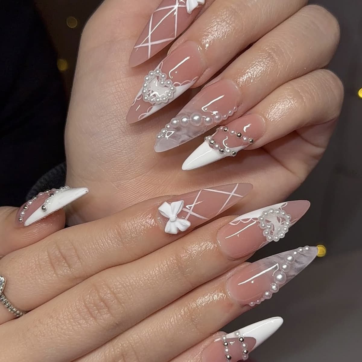 Removable Long Waterdrop Nail Decorations Sweet Heart Butterfly Knot Pearl Design Wearable Nail Art Stickers for Ladies