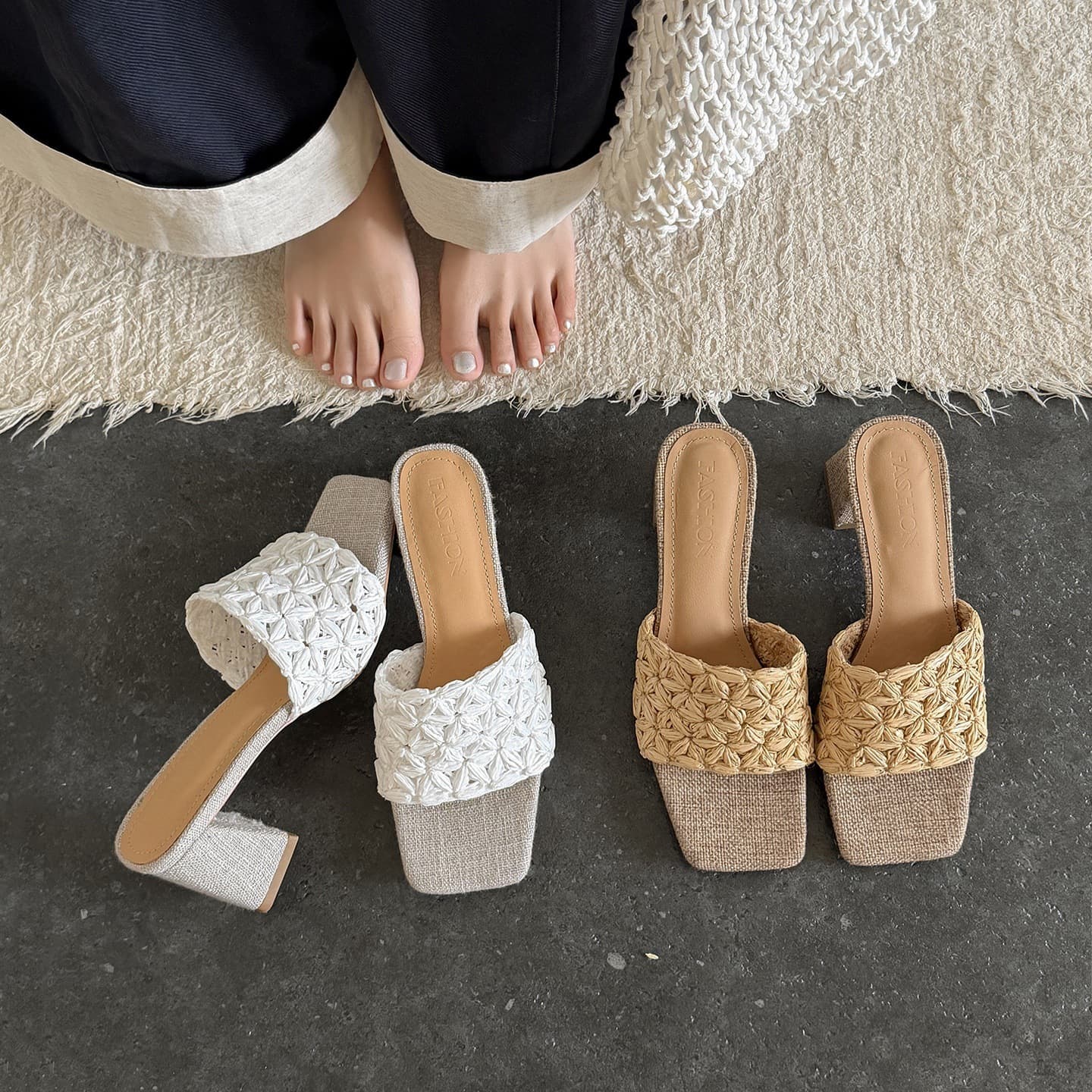 2026 Summer Raffia Sandals Beach Outfit Vacation Sheepskin 6cm Chunky Heel Casual Comfortable Women's Slippers
