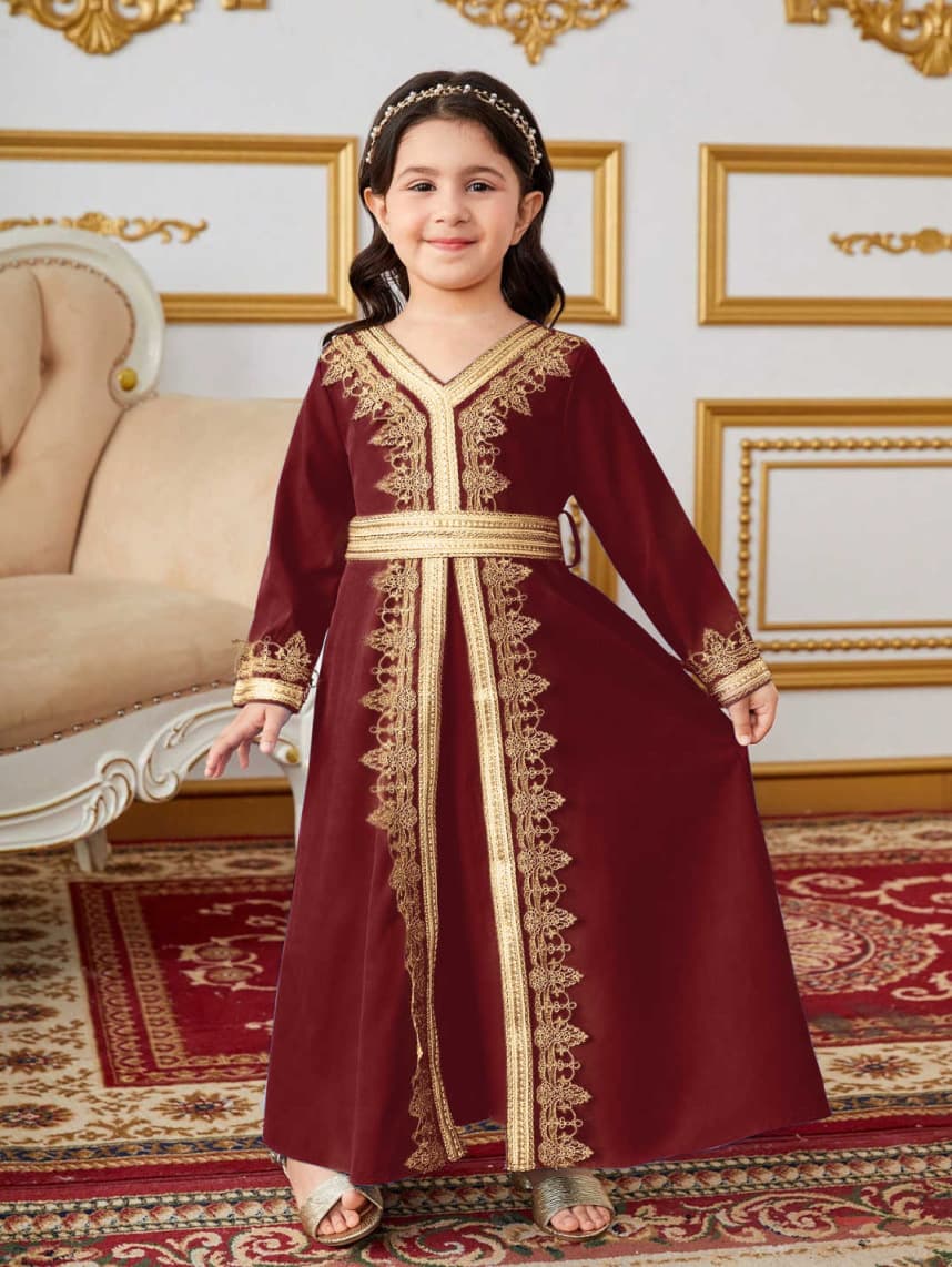 Cross-border Girls Long Dress with Belt Children's Foreign Trade Girl Lace Trim V-Neck Loose Simple Long Dress