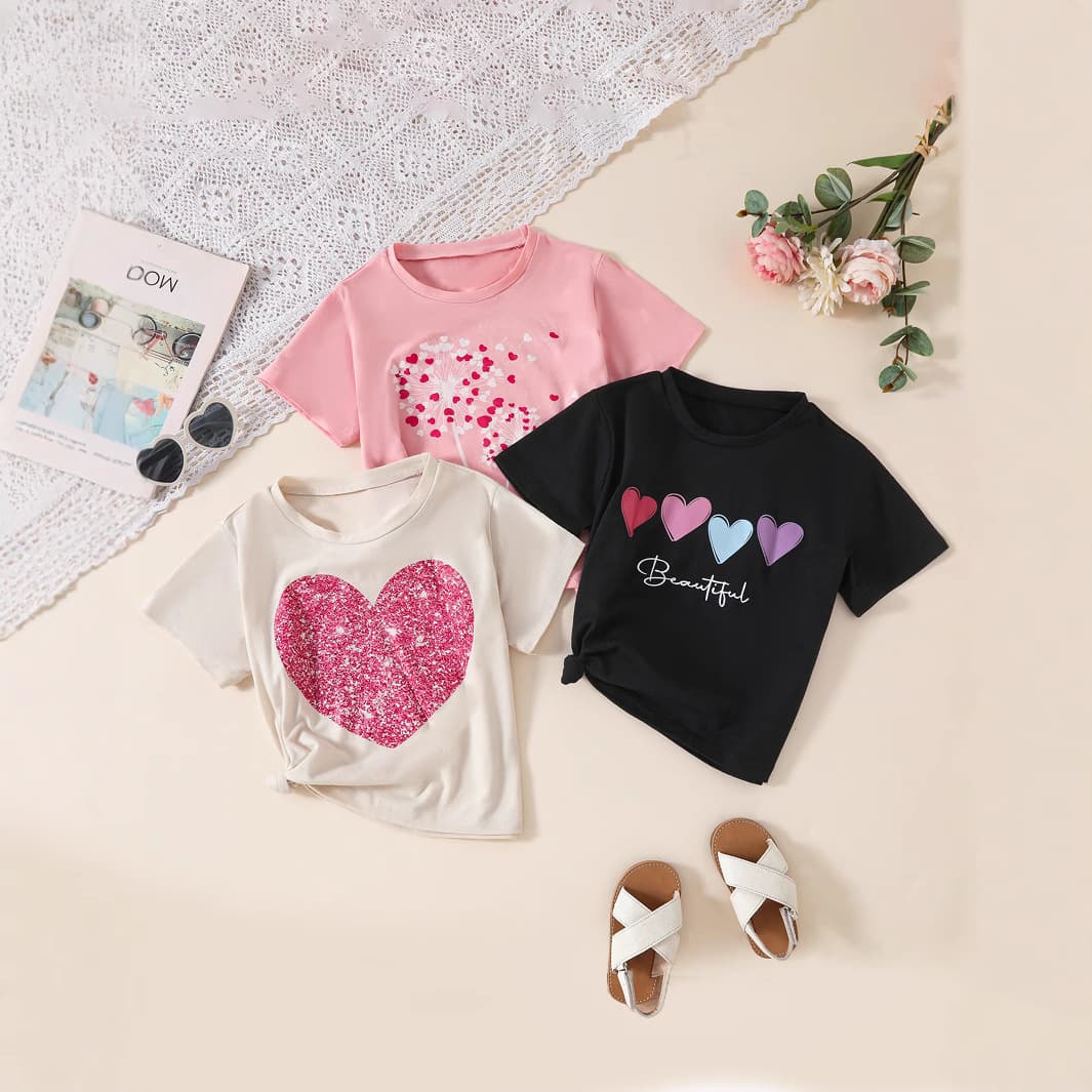 New Three-Piece Set Printed Heart Short-Sleeve Round Neck T-Shirt for Women