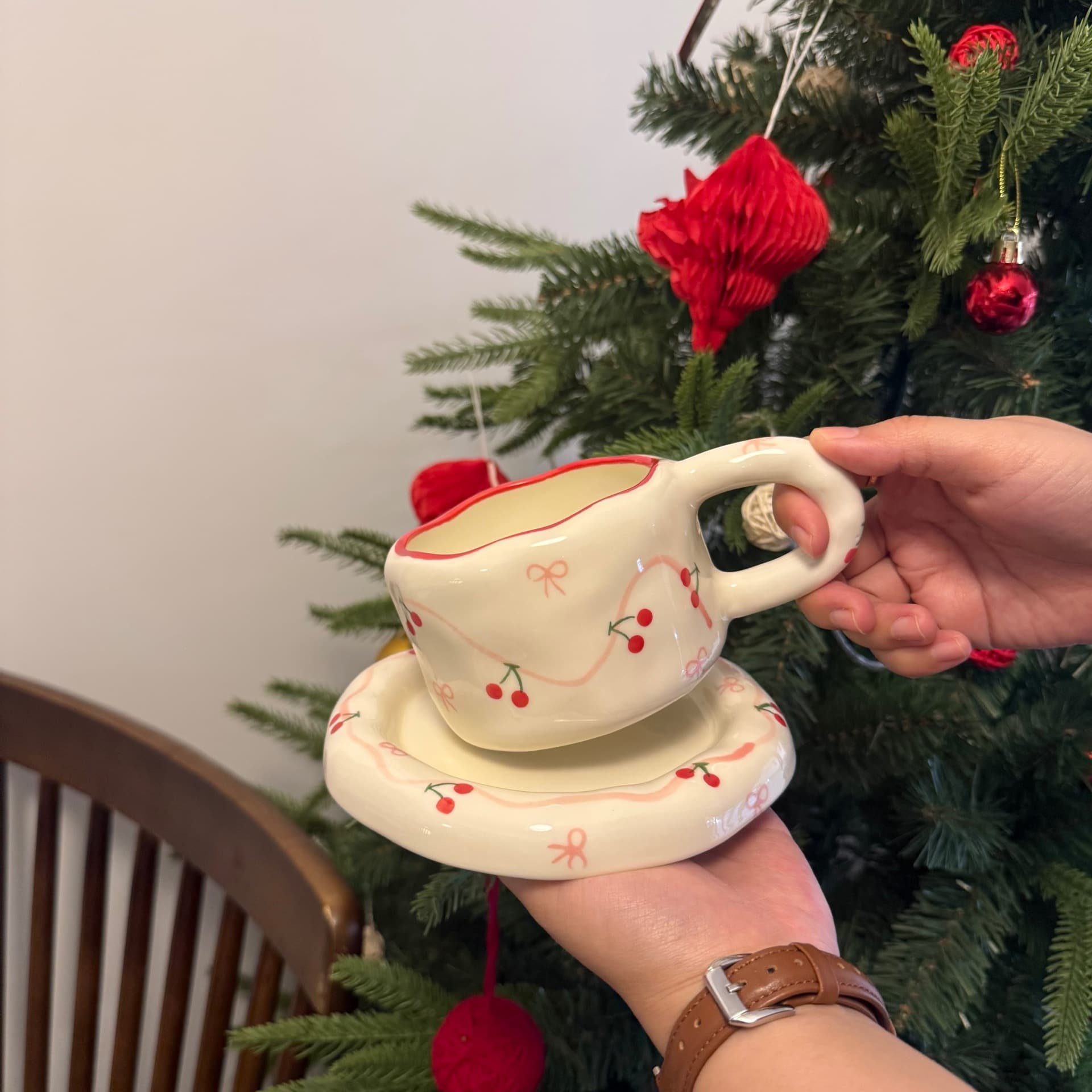 Korean Ins Style Hand-painted Cherry Hand-thrown Ceramic Coffee Cup and Saucer Set High-end Cup Saucer Afternoon Tea Dessert Plate