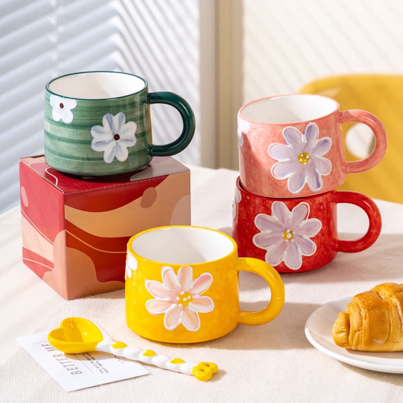 Hand-painted Relief Mug, Household Ceramic Water Cup, Cute Girl's Heart Drinking Cup, Coffee Cup, Afternoon Tea Cup