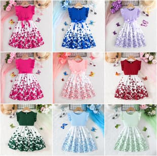 Factory Direct 5-10 Years Girls Summer Short Sleeve Dress Flutter Sleeve Ribbed Butterfly Print Dress In Stock