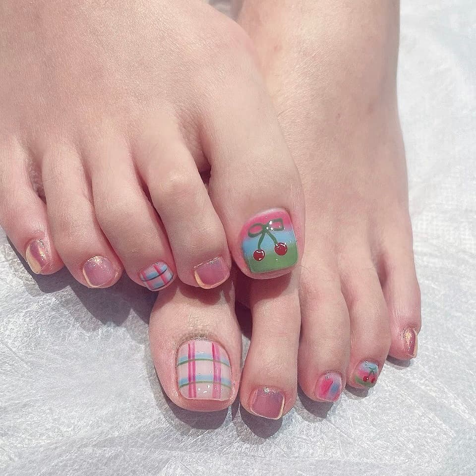 J-392 Cherry Pink Plaid Toenails, Pink and Green Checkered Dusty Rose, Cute and Girly Wearable Nail Tips Wholesale