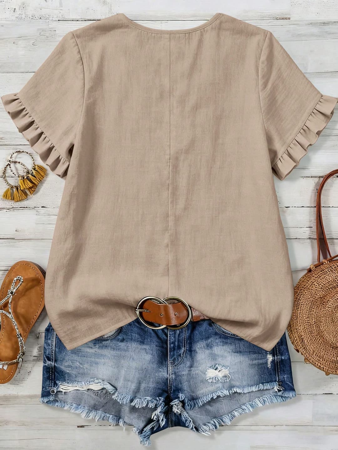 European and American 2026 Summer New Lace Patch V-Neck Short Sleeve Top with Ruffle Trim Casual Cotton Linen