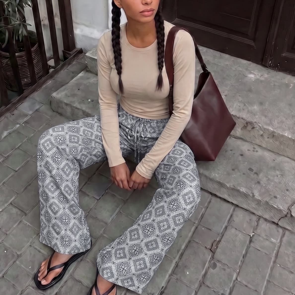 Linen pants floral personality light luxury high-end design pattern wide-leg pants women's cotton and linen women's pants European and American foreign trade