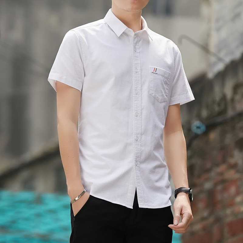Cotton Men's Shirt Short Sleeve 2026 New Summer Oxford Fabric Solid Slim Fit Business Casual Full Cotton Shirt