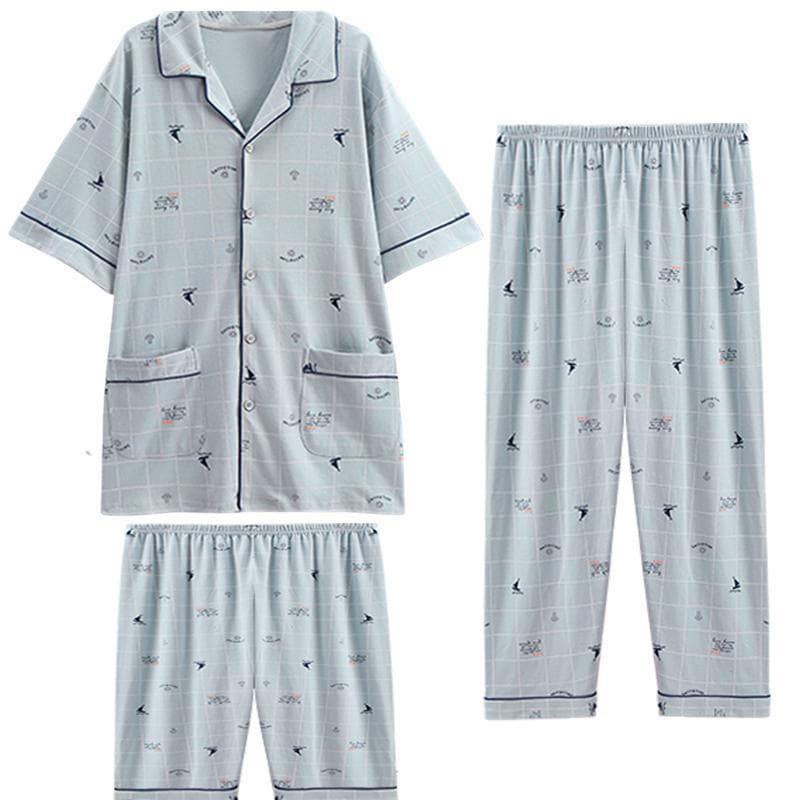 Summer Cotton Men's Pajama Three-Piece Set Short Sleeve Long Pants Home Wear Plus Size Middle-Aged and Elderly Loose Cardigan