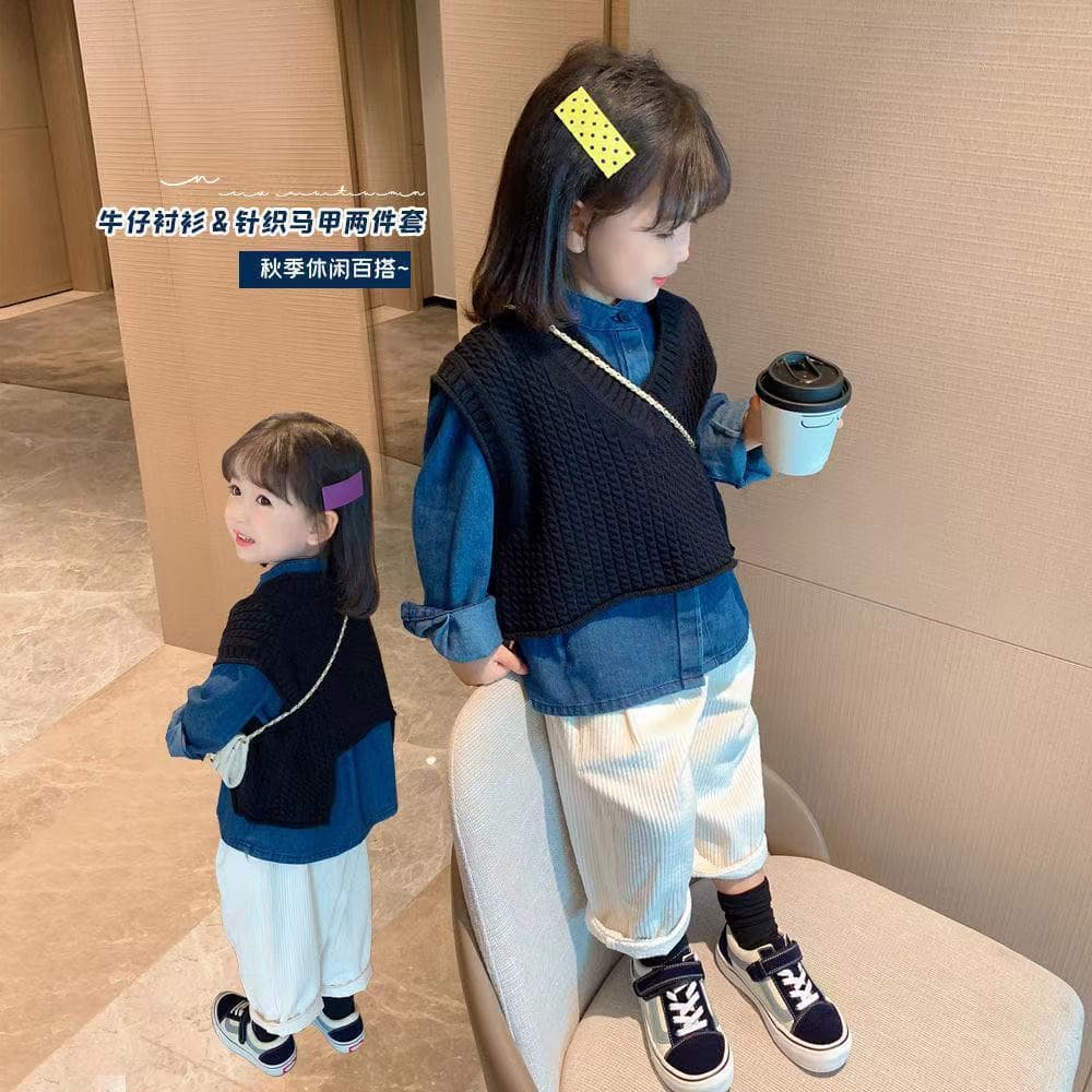 Girls' Spring Outfit Trendy Kids Clothes Spring Autumn Toddler Denim Shirt Vest Set Two-Piece