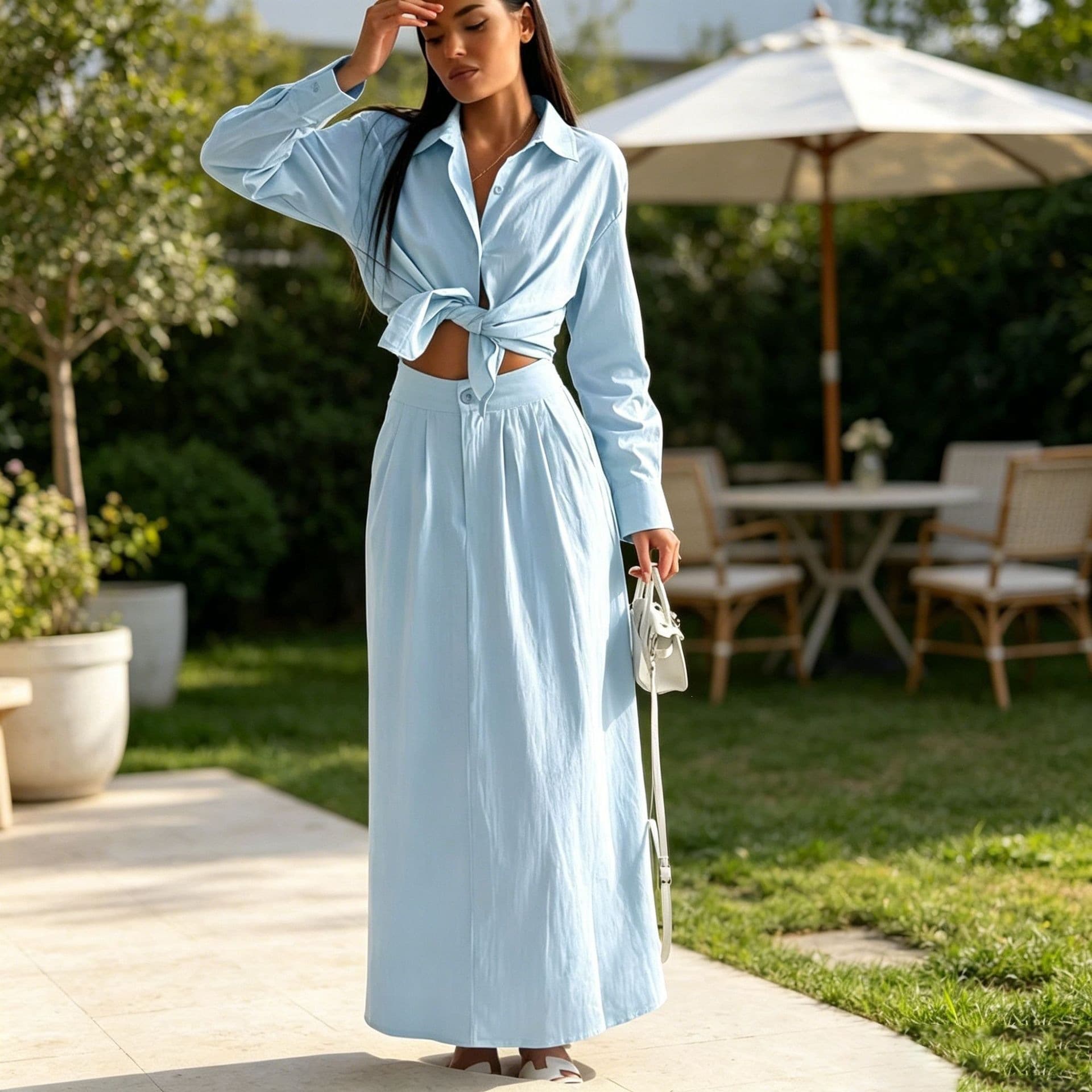 Cross-Border European & American Style Women's 2026 New Fashion Casual Linen-Cotton Set, Long-Sleeve Top + Long Skirt Set