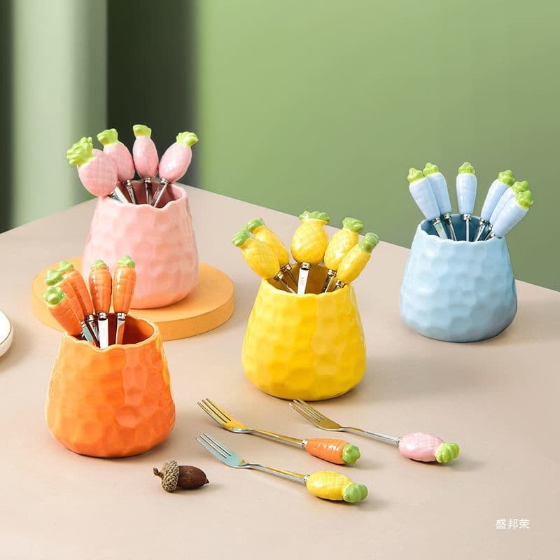 Fruit Forks Trendy 304 Stainless Steel Set with Home Storage Jar, Premium Ins Style High-Appearance Wang Xiao Children