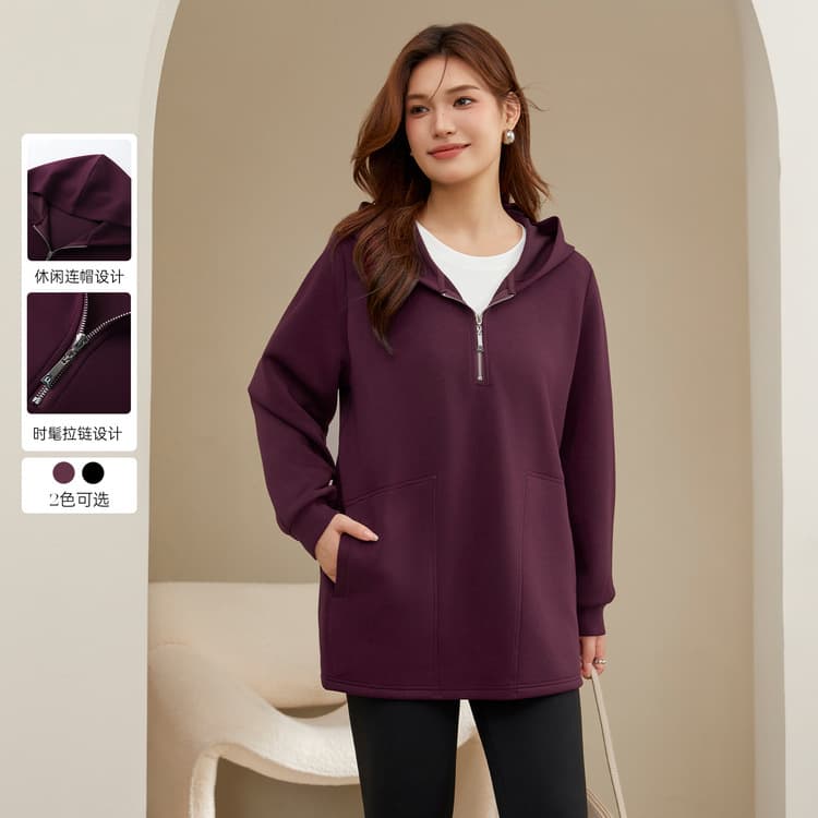 Xianlixiu Plus-Size Women's Wear Unique Niche Versatile Slimming Half-Zip Hooded Hoodie for Curvy Girls, 2024 Winter New Arrival