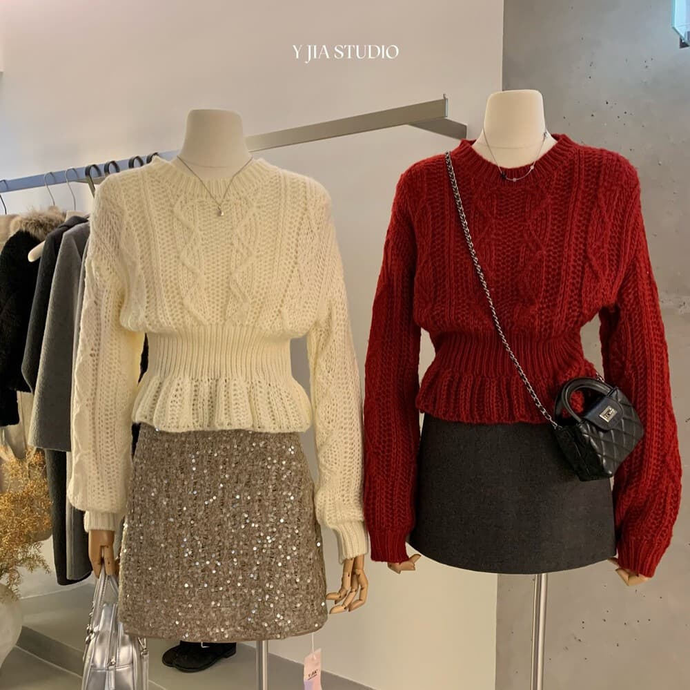 Clearance Sale, No Returns or Exchanges. Autumn/Winter Korean-Style Festive Cozy Cable Knit Waist-Tightening Slimming Warm Sweater for Women 1538