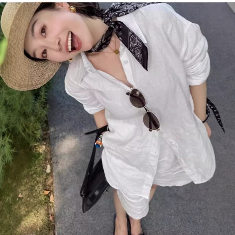 White Linen Sun Protection Shirt for Women Summer Light Luxury Old Money Style Thin Loose Cotton Linen Long Sleeve Top
