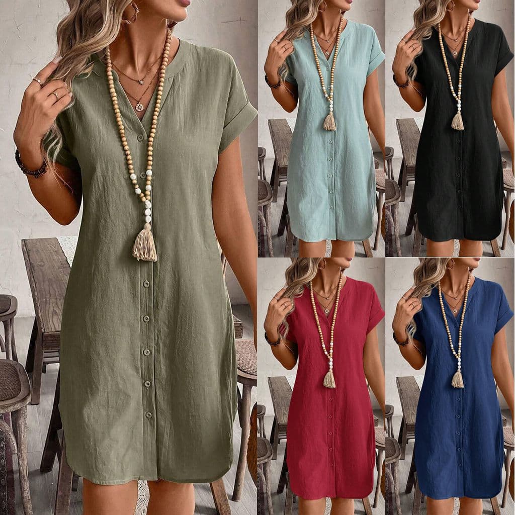New 2025 Amazon EU/US Summer Solid Cotton-Linen V-Neck Button Loose Casual Dress In Stock