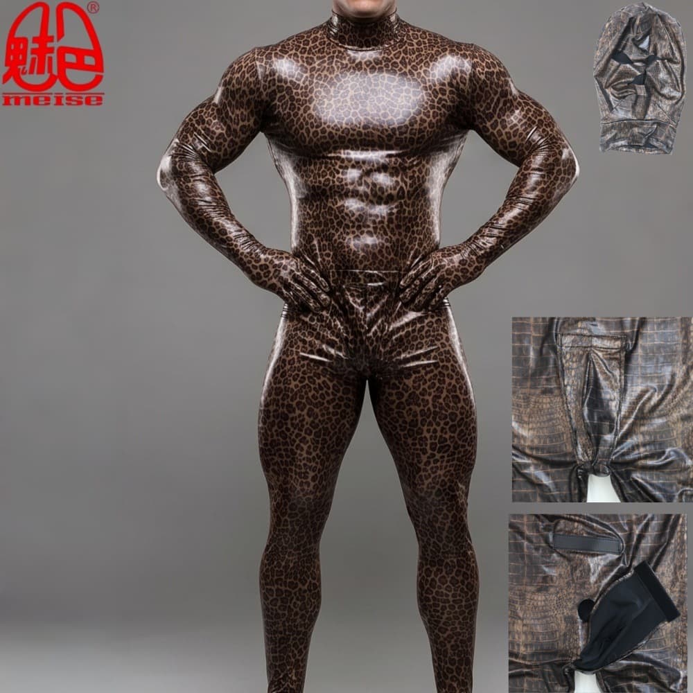 Men's Leopard Print Glossy Bodysuit High Elastic Tight Shapewear Stage Performance Sexy Full Body Jumpsuit with Thong