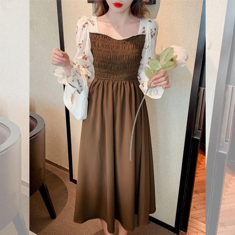 French Vintage plus Size Early Spring Long Sleeve Floral Print Dress Waist Cinched Slimming Pleated Square Collar Maxi Dress