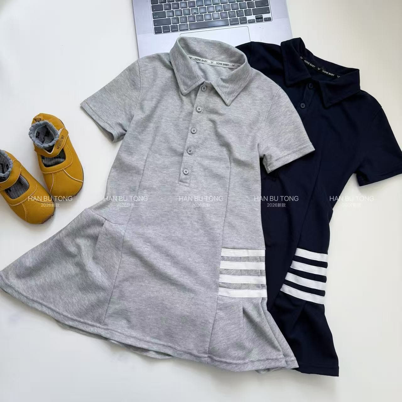 Cross-Border Girls' Academy Style Polo Collar Dress 2026 Summer New Style Big Kids Short-Sleeve Pleated Patchwork Mid-Length Dress