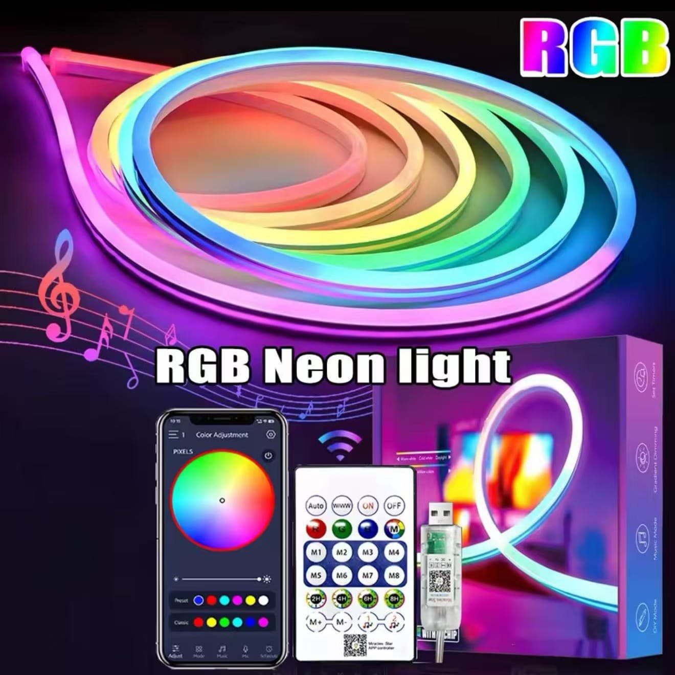 Colorful Flexible LED Strip Smart APP Neon Light with IC Flowing Chase Effect, Music Sync & Sound Control LED Strip