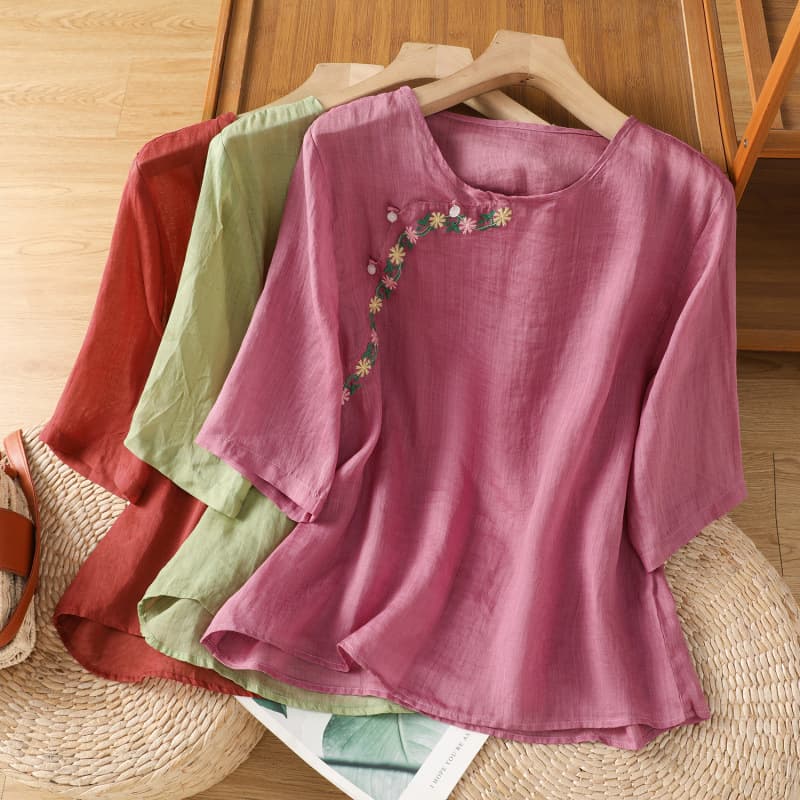 Summer Thin Cotton Linen Blouse for Women, Embroidered Lightweight Top, New Season Diagonal Button Shirt, Youthful and Elegant