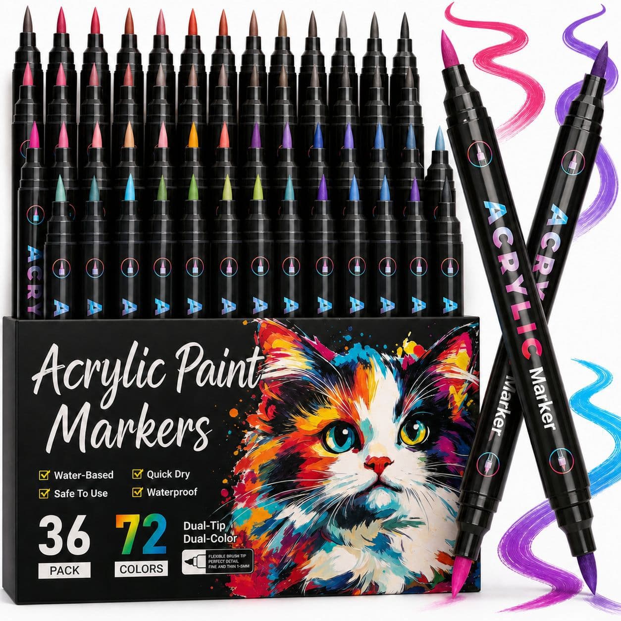 Dual-Head Acrylic Marker 72-Color Set, Water-Based Waterproof Painting Pens for DIY Graffiti Art Supplies Wholesale