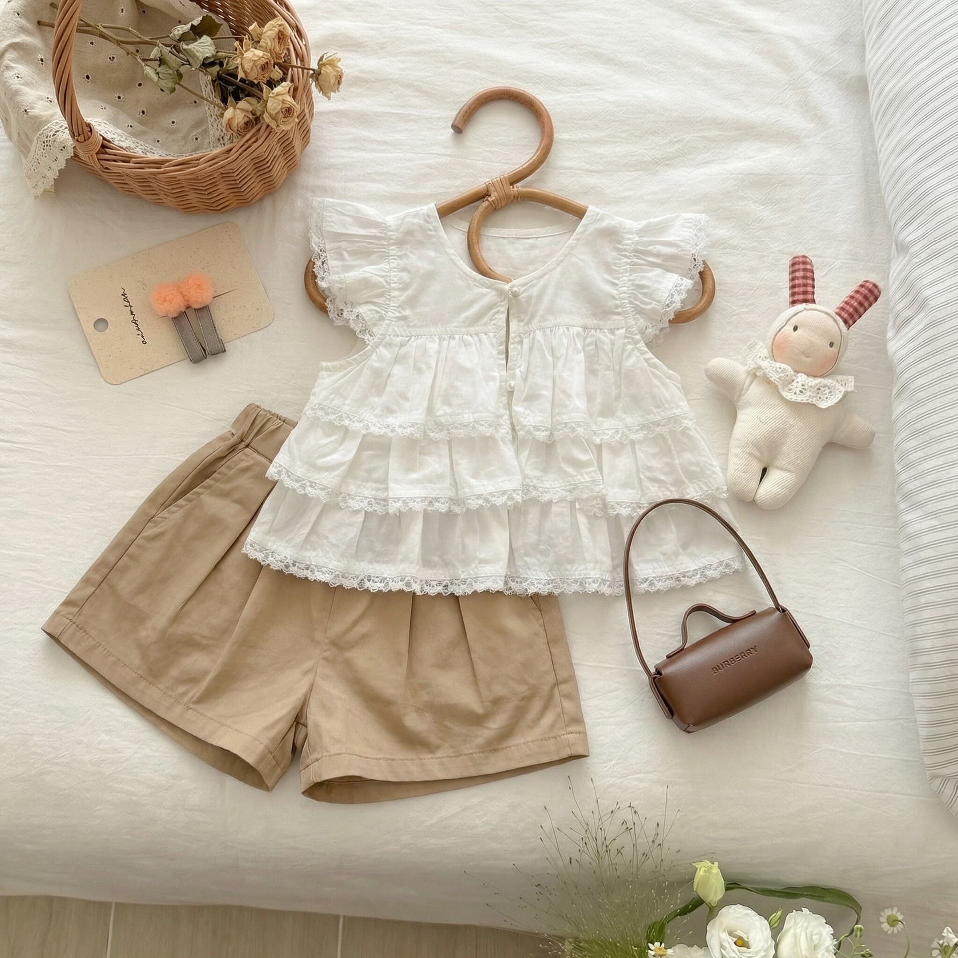 New Summer! 2026 Korean Cute Girls' Summer Doll Dress + Shorts Summer Set Short Sleeve Top Set