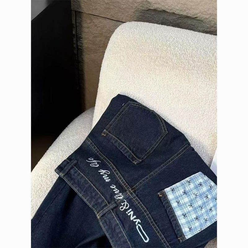 Dark Blue Jeans Women Summer New Casual Style Contrast Color Letter Embroidery High-Waist Straight Leg Turned-Up Wide-Leg Pants Trendy