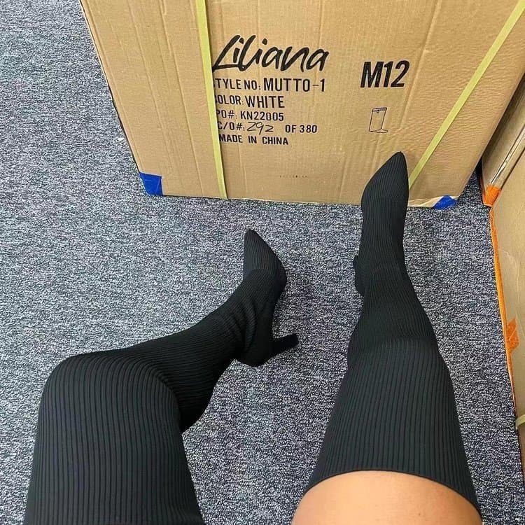 New Autumn Winter Pointed Toe Chunky Heel Knit Over-the-Knee Boots for Women Cross-border Independent Station Foreign Trade Size 43 Large Stretch Long Boots