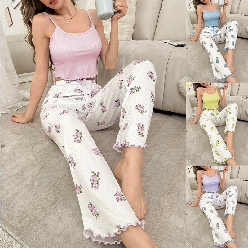 Cross-border European and American women's home wear set, sweet, cool and sexy suspenders, trousers and vest, two-piece pajamas for girls