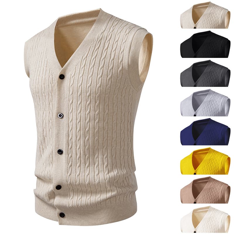 Cross-border autumn and winter foreign trade men's V-neck cardigan knit vest, European and American fashion twisted pattern sleeveless sweater vest