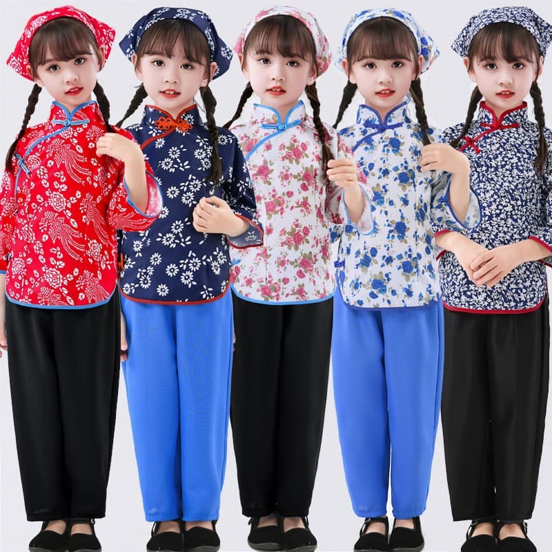 Children's Village Girl Floral Dress Stage Drama Performance Costume, Girl's Tea-Picking Dance Ancient-style A Qing Sao Outfit