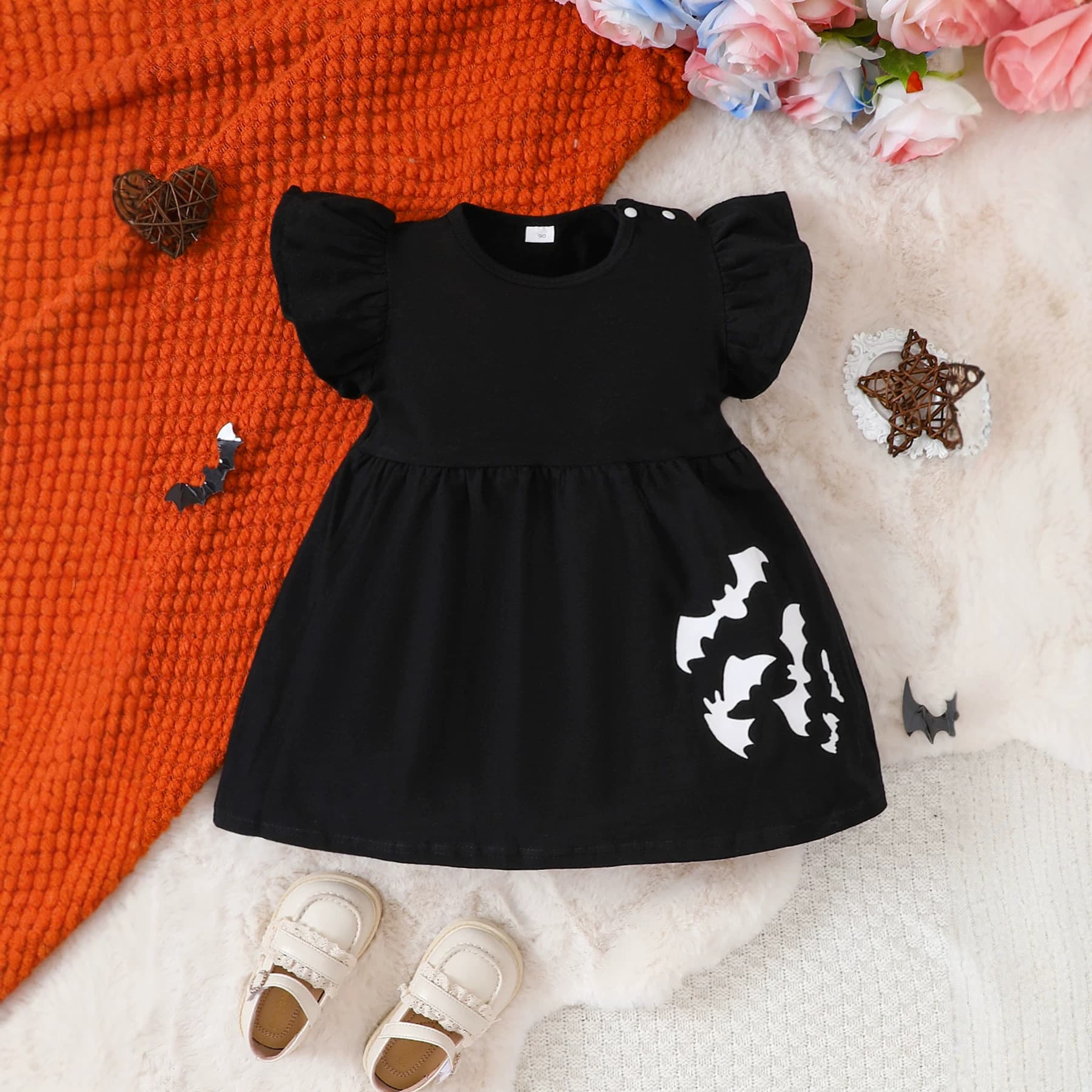European and American baby Halloween bat print dress soft cotton small flying sleeves round neck baby princess dress 0-3