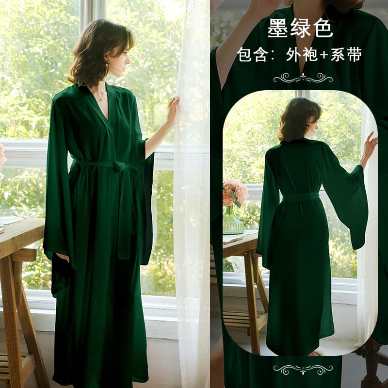 Feiyun Satin Long Tie-Back Sexy Robe for Women, Multi-Color Flared Sleeves, Luxury Bridal Morning Robe, Loungewear 1103