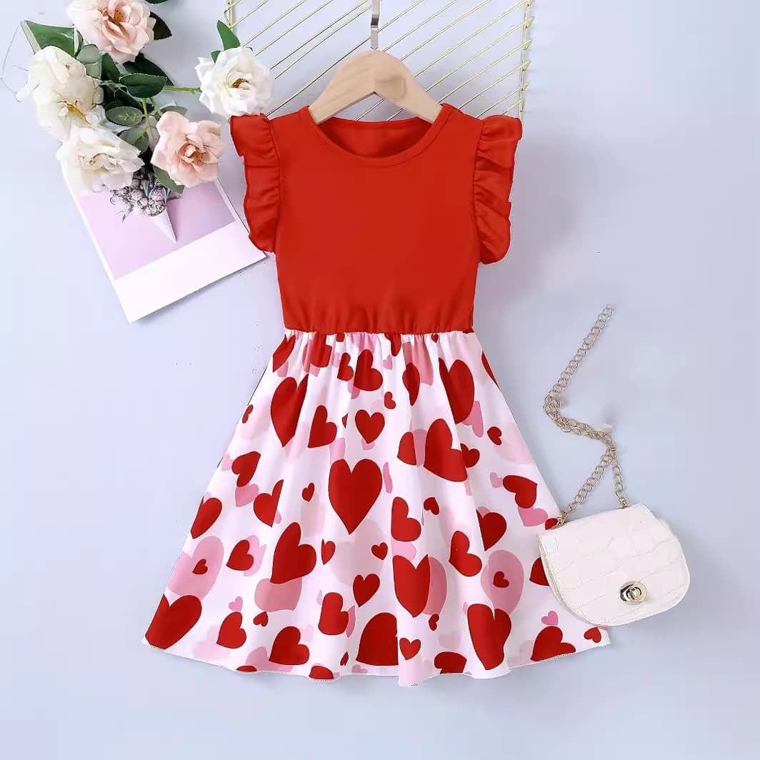 New style girls dress children knitted small flying sleeve printed heart round neck casual dress