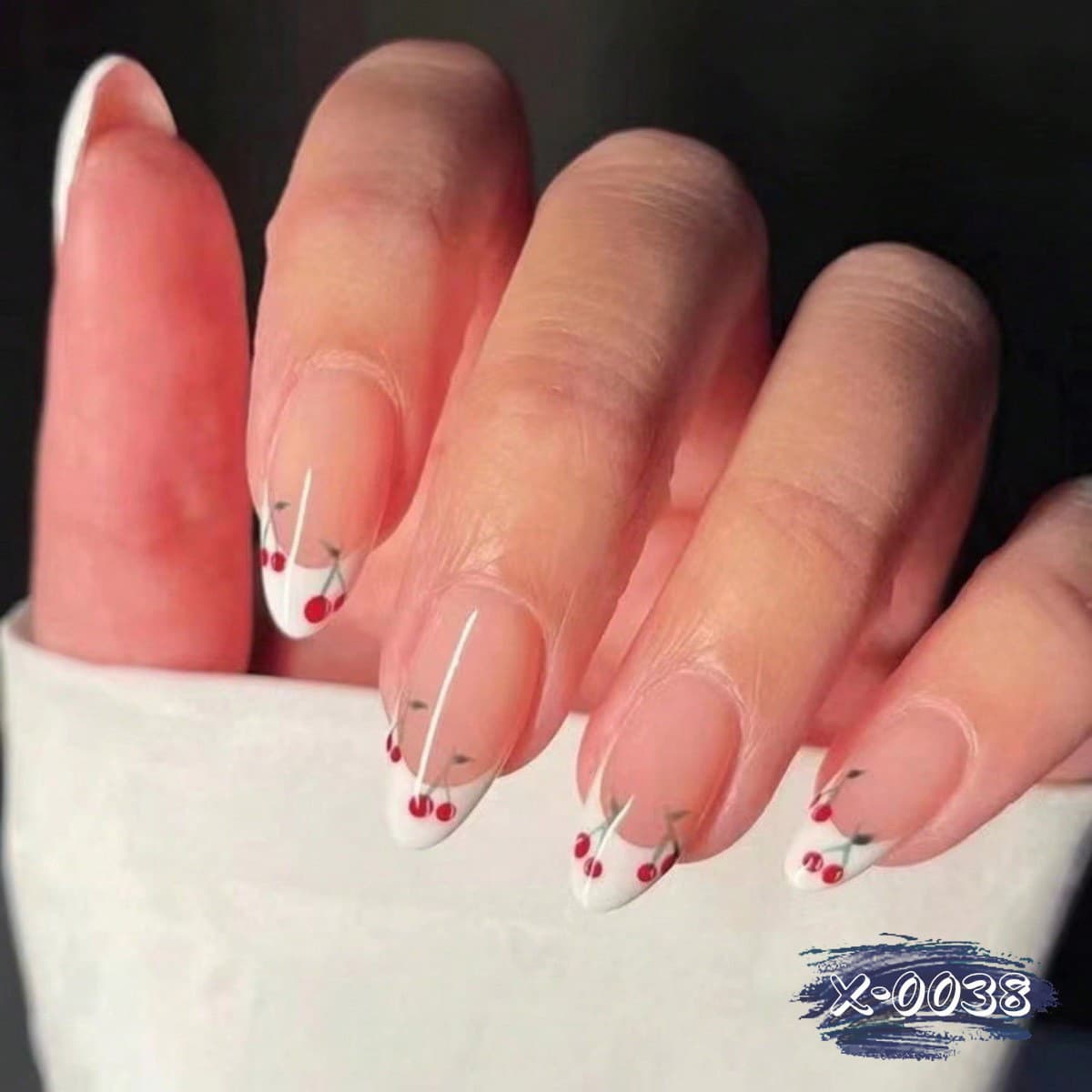 X-0038 Wearable Nails European American French White Edge Small Cherry Finished Nails Wholesale Removable Fake Nails 24 Pieces