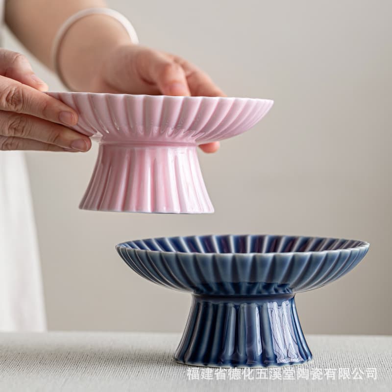 Ceramic High-Foot Snack Tray Large Fruit Bowl Fruit Plate Household Living Room Melon Fruit Tea Room Candy Tea Saucer Chinese Style Dried