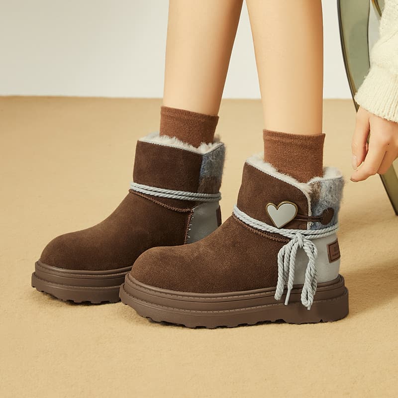 2024 Bosi New Casual Versatile Heart Design Warm Mid-Calf Autumn/Winter Snow Boots Patchwork Color Block Lace-Up Women's Cotton Shoes