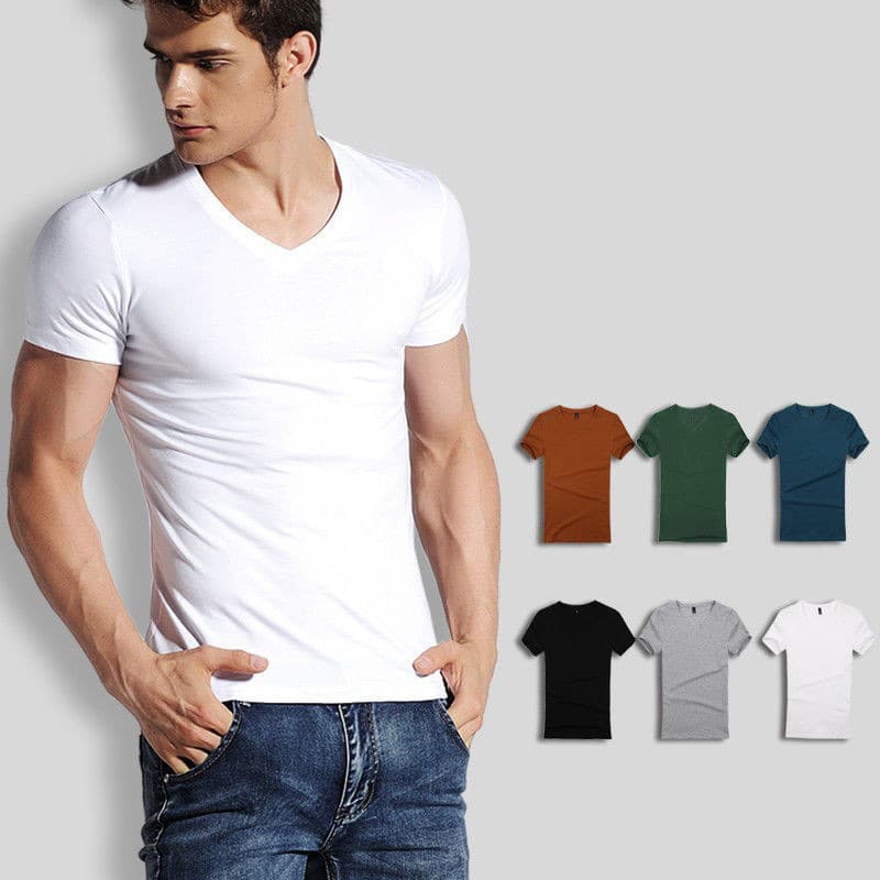 Cross-border short-sleeved t-shirt men's v-neck solid white t-shirt tight-fitting sweetheart collar summer white base