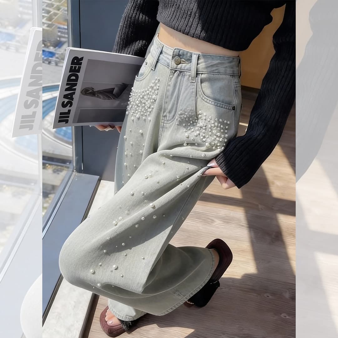 Gray Pearl Embellished Denim Wide-Leg Pants Women 2026 Spring New Loose Draping Floor-Length Casual Trousers